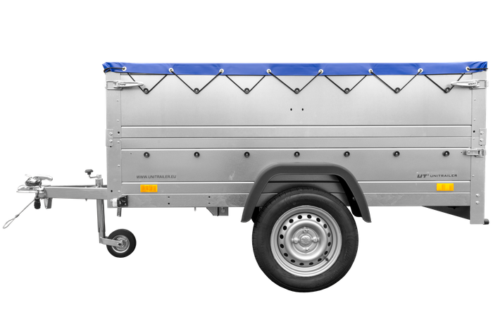 Unitrailer GARDEN TRAILER 201 KIPP met steunwiel, bis sideboards en blauw plat dekzeil