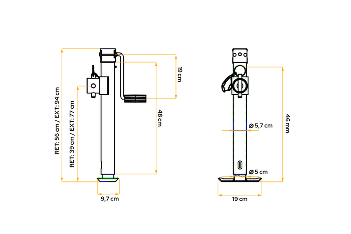 Uitschuifbare steun met UNITRAILER TJ5002+TJ5002A adapter voor 1300 kg vlakke aanhanger 560-940 mm