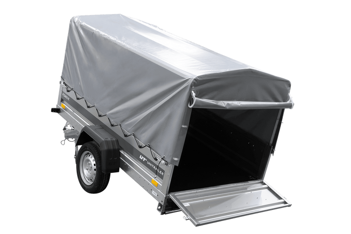 Enkelassige aanhanger 230x125 UNITRAILER FORCE 230 KIPP met H-800 frame en grijze afdekking