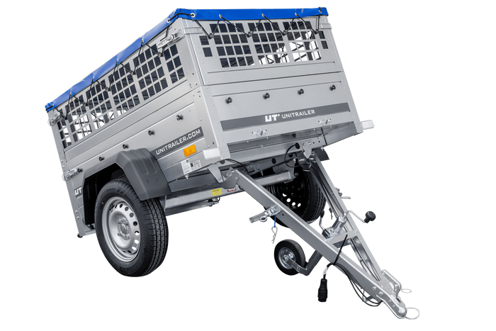 Autoaanhanger 150x106 UNITRAILER GARDEN 150 KIPP met gaaswanden en blauwe hoes