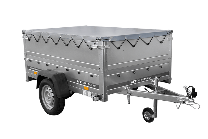 Lichte aanhangwagen op veren 200x125 UNITRAILER GARDEN 201/R KIPP met BIS zijwanden, H-0 frame en grijs zeil