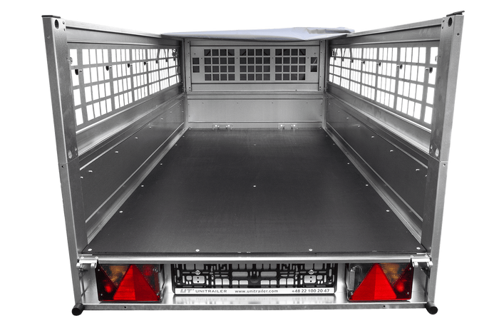 Enkelassige aanhanger 200x106 UNITRAILER GARDEN 200 KIPP met gaaswanden en grijs dekzeil