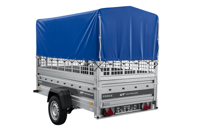 Autotransportaanhanger op veren 230x125 UNITRAILER FORCE 230/R KIPP met gaaswanden, H-800 frame en blauwe hoes