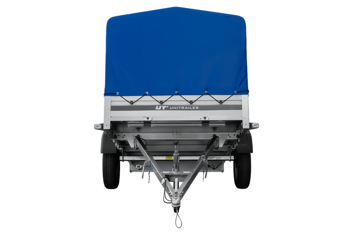 Enkelassige aanhanger met aluminium zijwanden 264x125 Unitrailer Garden 264 KIPP ALU met H-800 frame en blauwe afdekking