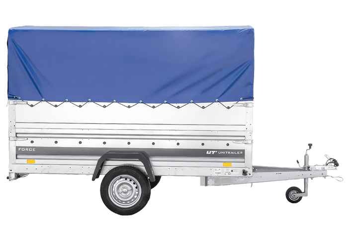 Autotransporter 264x125 UNITRAILER FORCE 264 KIPP met BIS-zijwanden, H-800 frame en blauwe afdekking