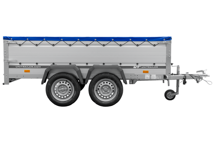 Tweeassige aanhanger met aluminium zijwanden 264x125 Unitrailer Garden 264/2 KIPP ALU met BIS-zijwanden, H-0 frame en blauwe afdekking