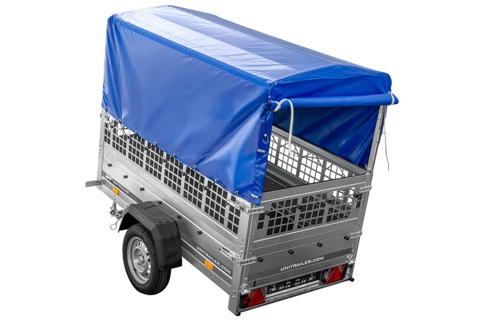 Lichte aanhanger 200x106 UNITRAILER GARDEN 200 KIPP met gaaswanden, H-800 frame en blauwe hoes