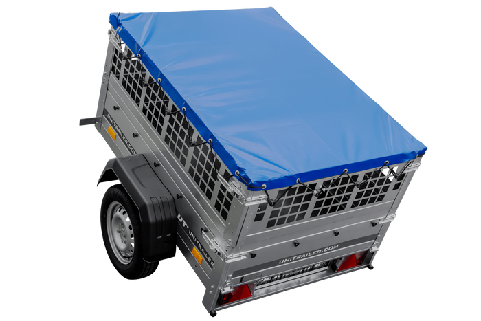 Autoaanhanger 150x106 UNITRAILER GARDEN 150 KIPP met gaaswanden en blauwe hoes