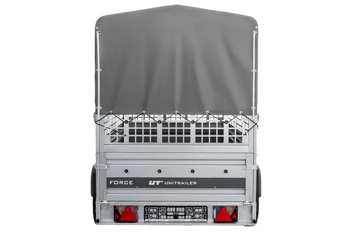 Autotransportaanhanger op veren 264x125 UNITRAILER FORCE 264/R KIPP met gaaswanden, H-800 frame en grijze afdekking
