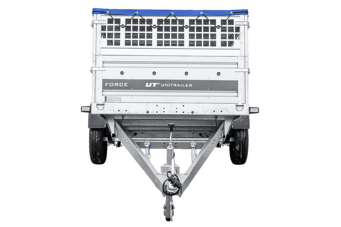 Enkelassige aanhanger op veren 264x125 UNITRAILER FORCE 264/R KIPP met gaaswanden, H-0 frame en blauw dekzeil