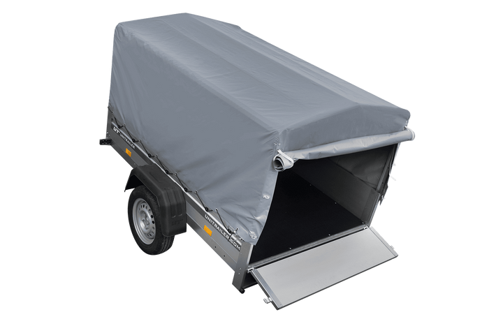 Enkelassige aanhanger met aluminium zijwanden 200x125 Unitrailer Garden 201 KIPP ALU met H-800 frame en grijze afdekking
