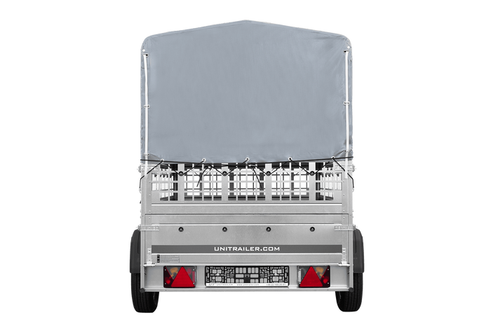 Enkelassige aanhangwagen op veren 200x125 UNITRAILER GARDEN 201/R KIPP met roosterwanden, H-800 frame en grijze afdekking