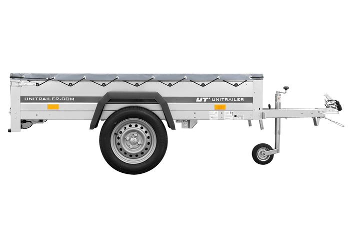 Enkelassige aanhanger 200x106 UNITRAILER GARDEN 200 KIPP met H-0 frame en grijze afdekking
