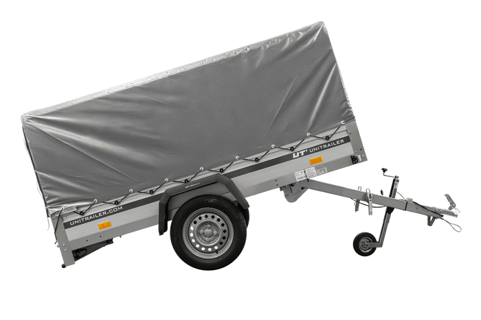 Enkelassige aanhanger met aluminium zijwanden 230x125 Unitrailer Garden 230 KIPP ALU met H-800 frame en grijze afdekking