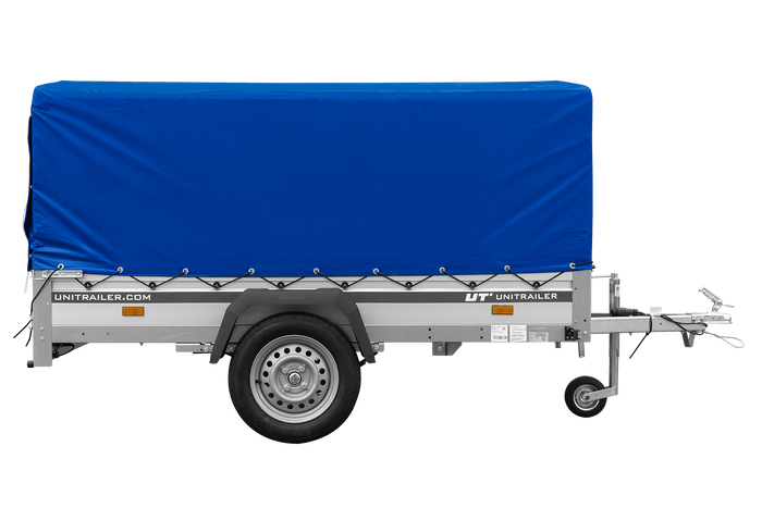 Enkelassige aanhanger op veren met aluminium zijwanden 230x125 Unitrailer Garden 230/R KIPP ALU met H-800 frame en blauwe afdekking