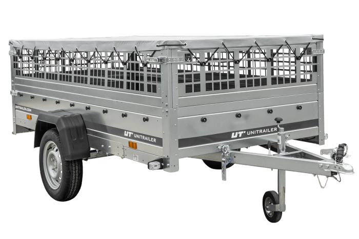 Enkelassige aanhangwagen op veren 264x125 UNITRAILER GARDEN 264/R KIPP met gaaswanden, H-0 frame en grijs zeil