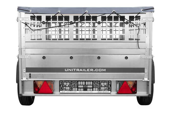 Autoaanhangwagen op veren 200x125 UNITRAILER GARDEN 201/R KIPP met gaaswanden, H-0 frame en grijze afdekking