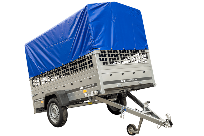 Enkelassige aanhanger 230x125 UNITRAILER GARDEN 230 KIPP met gaaswanden, H-800 frame en blauw dekzeil