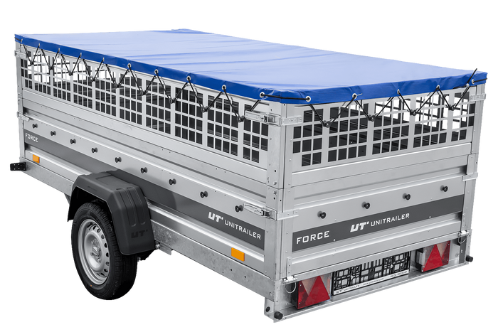 Enkelassige aanhanger op veren 264x125 UNITRAILER FORCE 264/R KIPP met gaaswanden, H-0 frame en blauw dekzeil