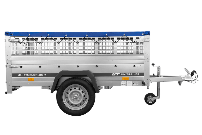 Autoaanhangwagen op veren 200x125 UNITRAILER GARDEN 201/R KIPP met gaaswanden, H-0 frame en blauwe afdekking