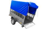 Lichte autoaanhanger tot 750 kg GARDEN TRAILER 201 KIPP met steunwiel, mesh zijkanten en H-800 frame met blauw zeildoek