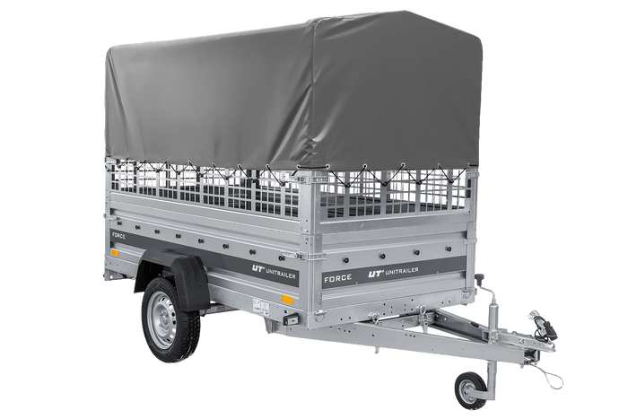 Enkelassige aanhanger 230x125 UNITRAILER FORCE 230 KIPP met gaaswanden, H-800 frame en grijze afdekking.
