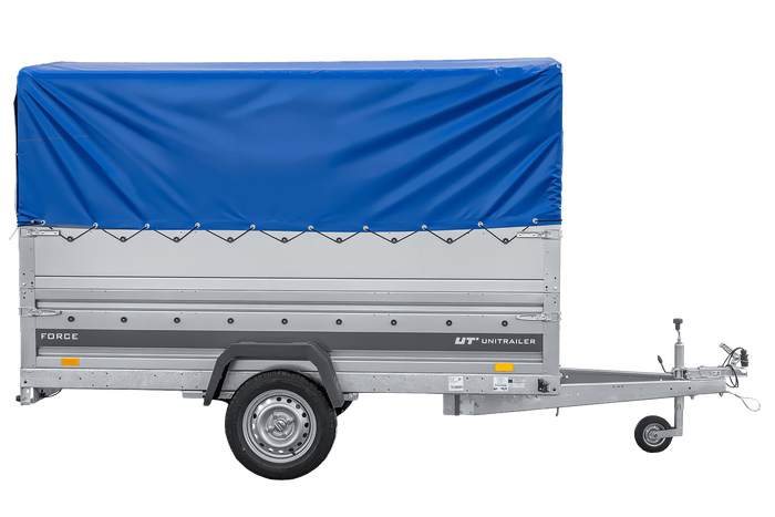 Lichte aanhanger op veren 264x125 UNITRAILER FORCE 264/R KIPP met BIS-zijwanden, H-800 frame en blauwe afdekking