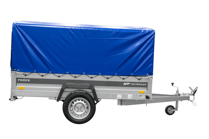 Autotransportaanhanger op veren 230x125 UNITRAILER FORCE 230/R KIPP met H-800 frame en blauwe afdekking