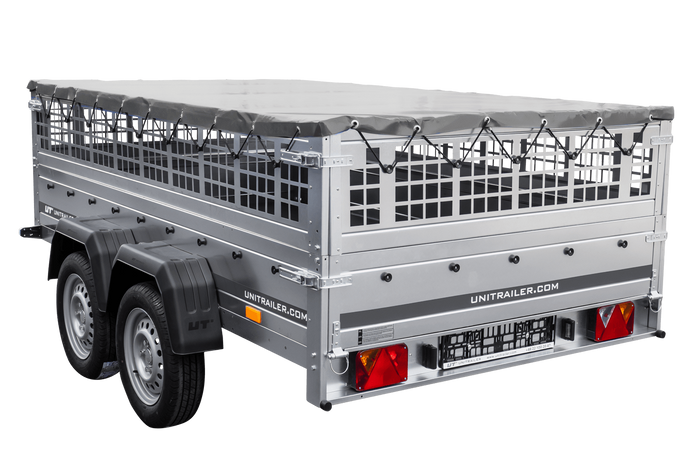 Lichte aanhanger 264x150 UNITRAILER GARDEN 265/2 KIPP met gaaswanden, H-0 frame en grijze afdekking