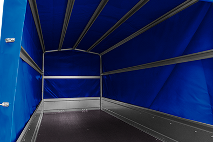 Tweeassige aanhanger 264x125 UNITRAILER GARDEN 264/2 KIPP met H-1100 frame en blauw dekzeil