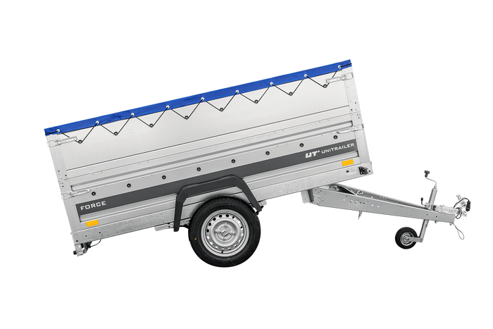 Autotransportaanhanger op veren 230x125 UNITRAILER FORCE 230/R KIPP met BIS-zijwanden, H-0 frame en blauwe afdekking