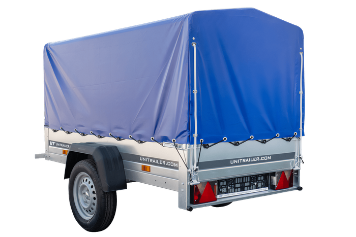 Enkelassige aanhanger 200x106 UNITRAILER GARDEN 200 KIPP met H-800 frame en blauw dekzeil