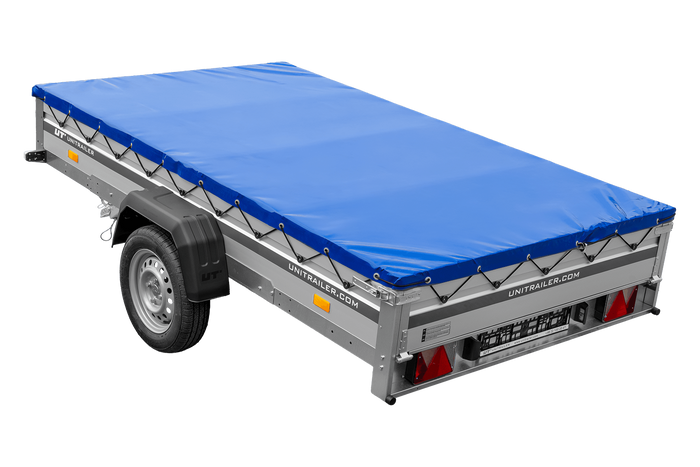 Autoaanhanger met aluminium zijwanden 264x150 Unitrailer Garden 265 KIPP ALU met H-0 frame en blauwe afdekking