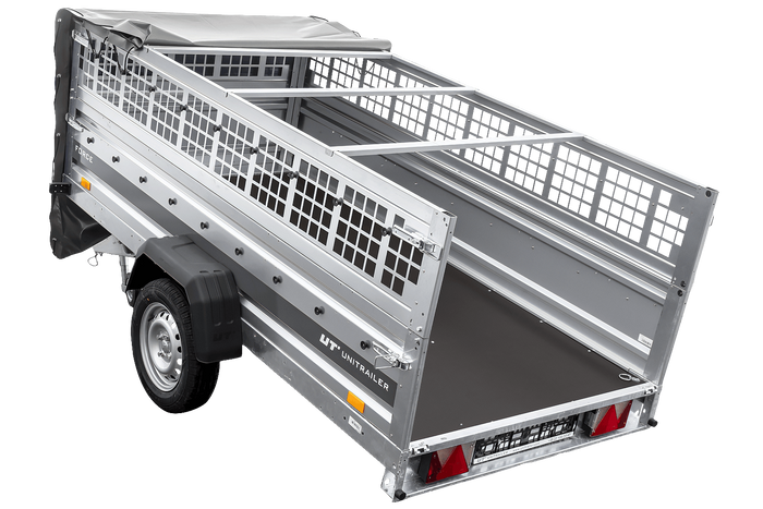 Enkelassige aanhanger 264x125 UNITRAILER FORCE 264 KIPP met gaaswanden, H-0 frame en grijze afdekking