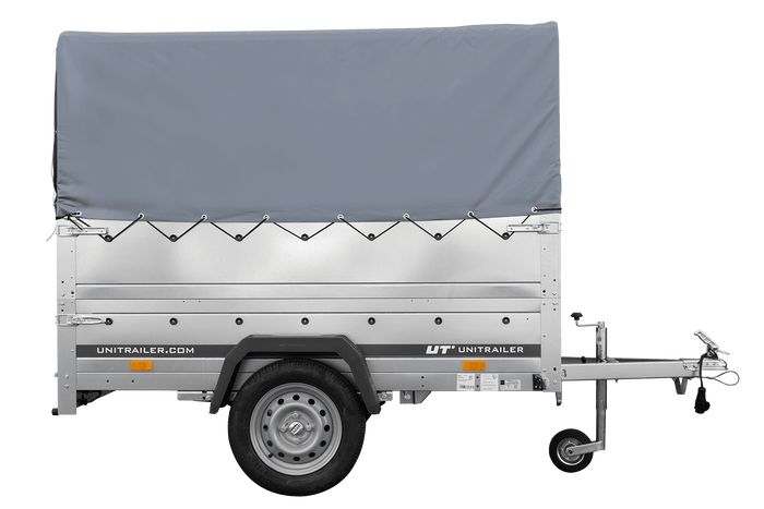 Lichte aanhangwagen op veren 200x125 UNITRAILER GARDEN 201/R KIPP met BIS zijwanden, H-800 frame en grijze afdekking