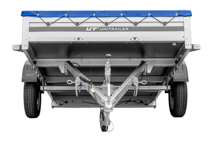 Autoaanhanger met aluminium zijwanden 264x150 Unitrailer Garden 265 KIPP ALU met H-0 frame en blauwe afdekking