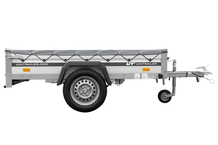 Enkelassige aanhanger op veren met aluminium zijwanden 200x125 Unitrailer Garden 201/R KIPP ALU met H-0 frame en grijze afdekking