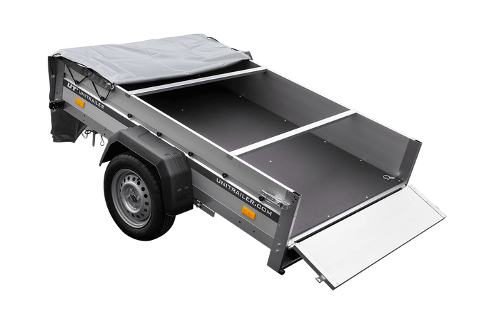 Enkelassige aanhanger op veren met aluminium zijwanden 200x125 Unitrailer Garden 201/R KIPP ALU met H-0 frame en grijze afdekking