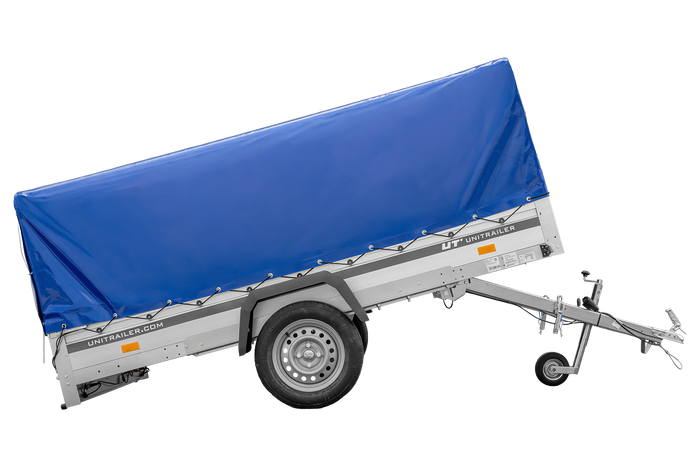 Enkelassige aanhanger met aluminium zijwanden 264x150 Unitrailer Garden 265 KIPP ALU met H-800 frame en blauwe afdekking