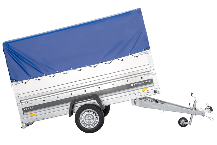 Autotransporter 264x125 UNITRAILER FORCE 264 KIPP met BIS-zijwanden, H-800 frame en blauwe afdekking