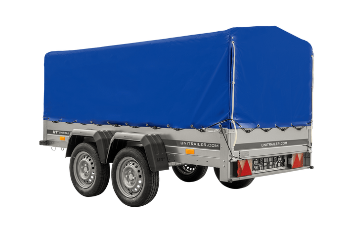 Twee-assige aanhanger 264x125 UNITRAILER GARDEN 264/2 KIPP met H-800 frame en blauwe afdekking