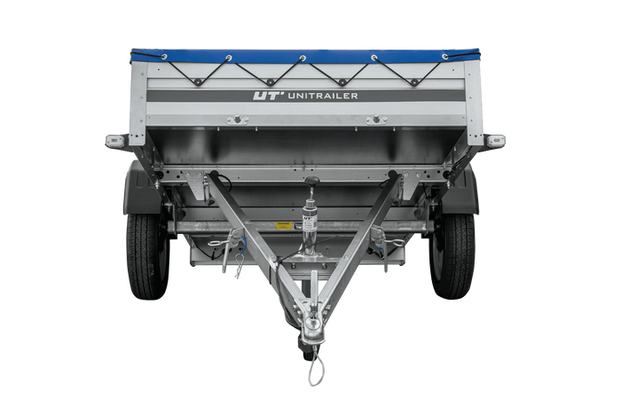 Enkelassige aanhanger met aluminium zijwanden 230x125 Unitrailer Garden 230 KIPP ALU met H-0 frame en blauwe afdekking