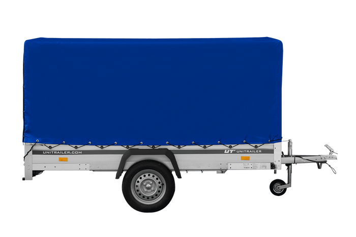 Autoaanhanger met aluminium zijwanden 264x150 Unitrailer Garden 265 KIPP ALU met H-1100 frame en blauwe afdekking