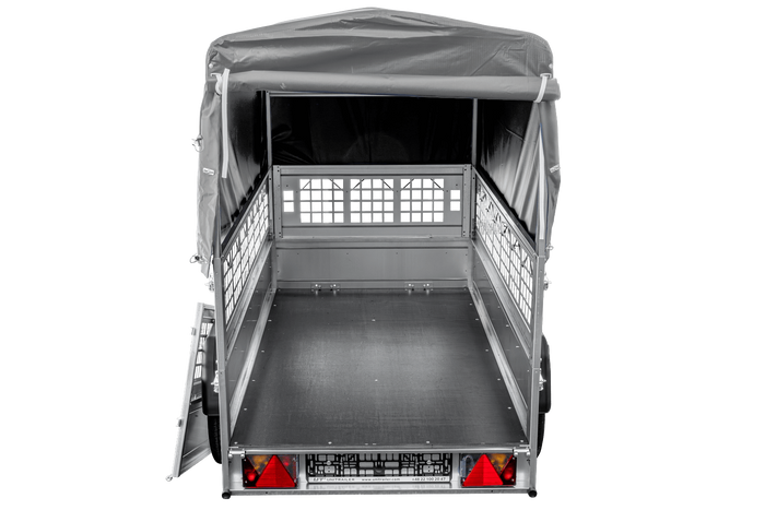 GARDEN TRAILER 200 KIPP autoaanhanger met steunwiel, mesh zijkanten en H-800 frame met grijze hoes