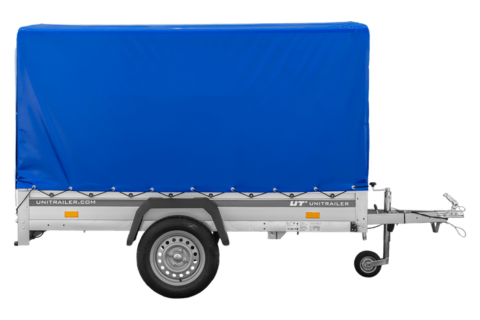 Autoaanhanger met aluminium zijwanden 230x125 Unitrailer Garden 230 KIPP ALU met H1100 frame en blauwe afdekking
