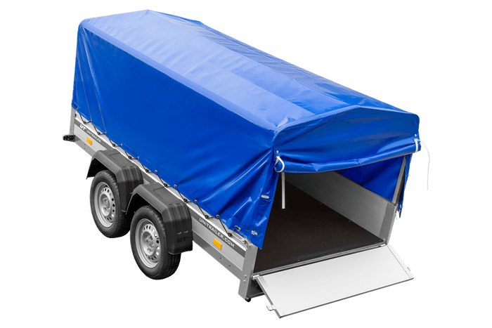 Tweeassige aanhanger met aluminium zijwanden 264x125 Unitrailer Garden 264/2 KIPP ALU met H-800 frame en blauwe afdekking