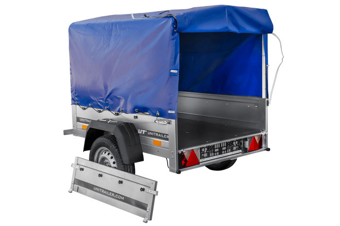 Lichte aanhangwagen Garden Trailer 150 KIPP met afmeting van 150x106 met blauwe zeil en huif MTM 750 KG 