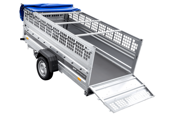 Enkelassige aanhanger op veren 264x125 UNITRAILER FORCE 264/R KIPP met gaaswanden, H-0 frame en blauw dekzeil