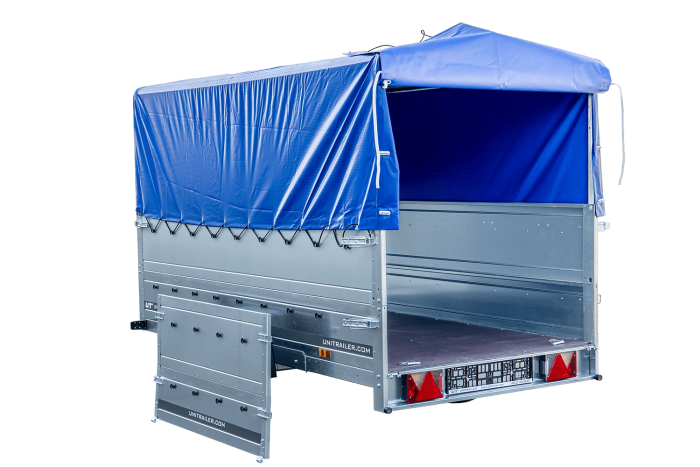 Autoaanhangwagen op veren 264x125 UNITRAILER GARDEN 264/R KIPP met BIS zijwanden, H-800 frame en blauwe afdekking