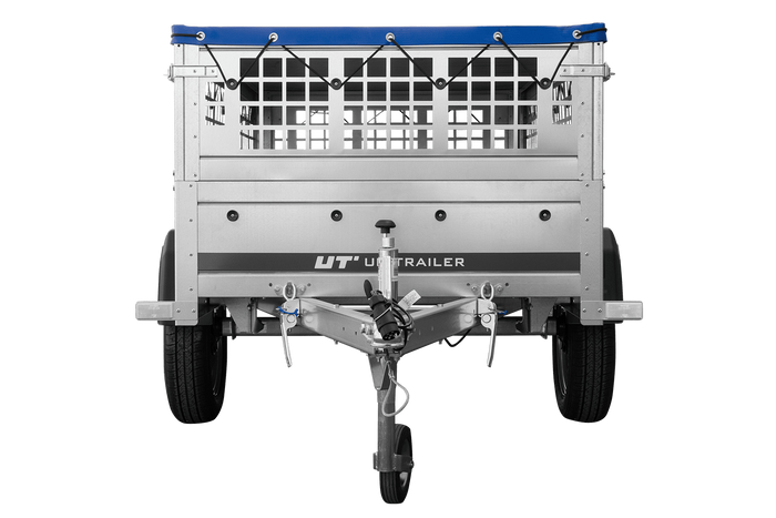 Garden trailer 200 kipp met steunwiel, gaaszijzijden en blauw plat dekzeil